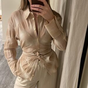 Zara Plaid Draped Cotton Blend Shirt